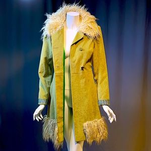Vintage green velvet faux fur pea coat